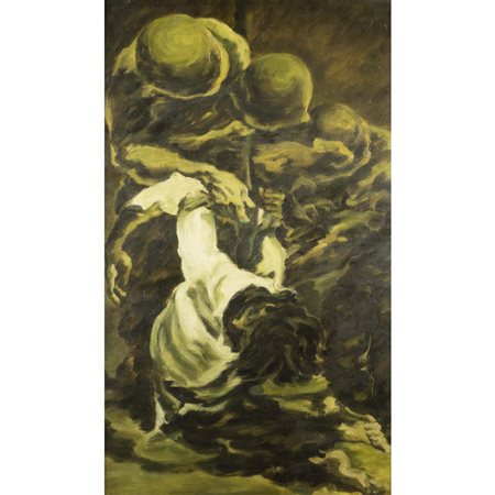 Anonimo XX sec. 99x59 cm. "Tre soldati e un prigioniero", anni '40, olio su...