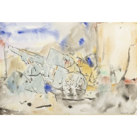 E. Passelli Italia, XX Sec. 28,5x42,5 cm. "Soldati e carro armato", 1963,...