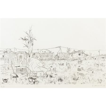 Giovanni Omiccioli (Roma 1901 - 1975) "Contadina nell'aia" 1973 34x48 cm....