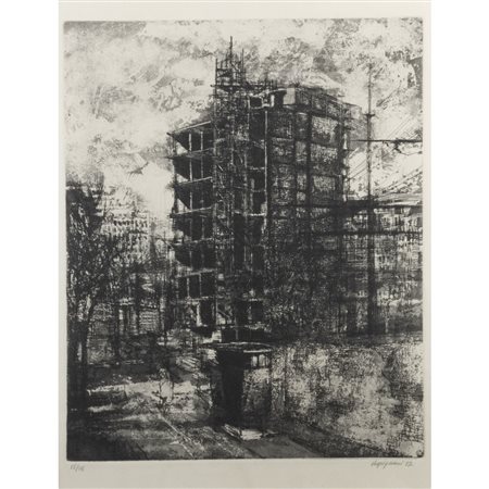 Renzo Vespignani (Roma 1924 - 2001) "Periferia" 1957 47x36 cm. acquaforte e...