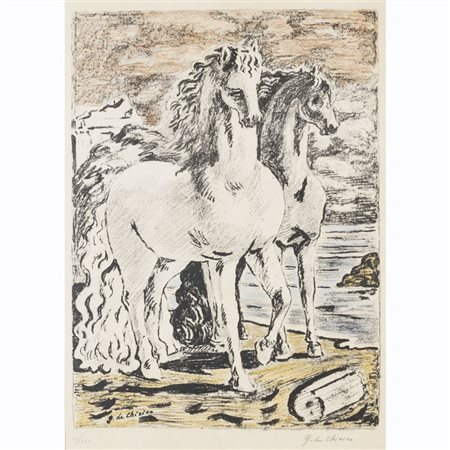 Giorgio de Chirico (Volos 1888 - Roma 1978) "Cavalli antichi" 1966 64x50 cm....