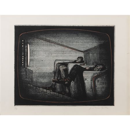 Joachim Palm (Potsdam 1936) "Davanti alla televisione" 50x64 cm. acquaforte a...