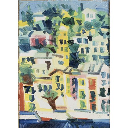 Athos Faccincani (Peschiera del Garda 1951) "Paesaggio con case" 35x25 cm....