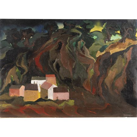 Saverio Terruso (Monreale 1939 - Milano 2003) "Paesaggio con case" anni '70...