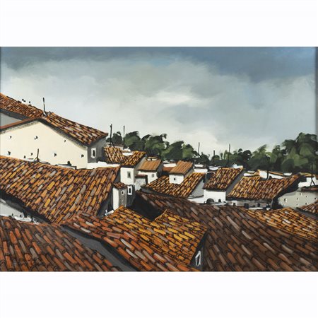 Enotrio (Buenos Aires 1920 - Pizzo 1989) "Tetti" 50x70 cm. olio su tela,...