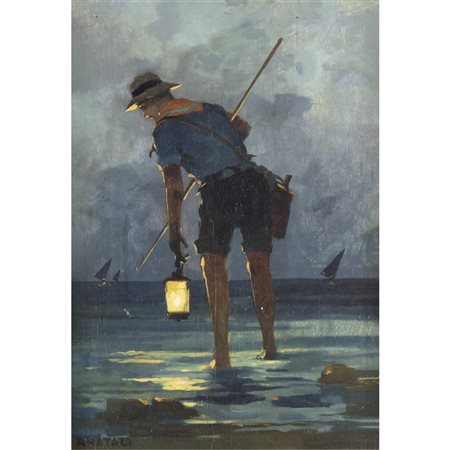 Renato Natali (Livorno 1883 - 1979) "Notturno con pescatore" 50x35 cm. olio...