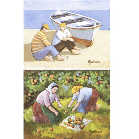 Adolfo Mastrovito (1940 - 2000) "Marinai", "Contadine" 24x30 cm. coppia di...