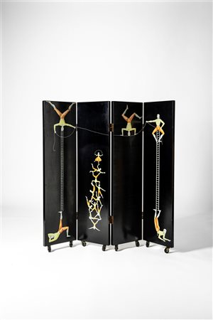 Piero Fornasetti (Milano 10/11/1913 - Milano 09/10/1988)  - Paravento modello 'Acrobati' , 1960 circa