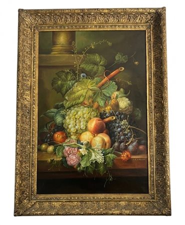 Dipinto Natura morta con frutta e fiori olio su tela fine '800 firmato cm comprensive di cornice coeva 110x80 cornice dorata lavorata