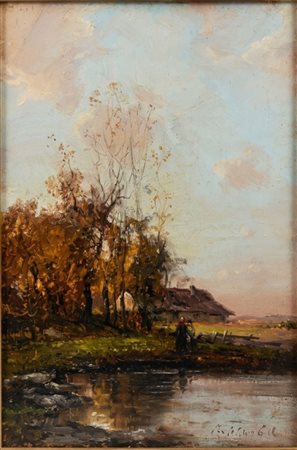 ipinto a olio su pannello "Paesaggio autunnale con casolare e ruscello" – Firmato – XIX/XX Secolo cm 31x20