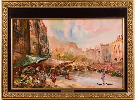 Giulio De Simone, Scena di mercato in una città italiana, olio su tavola, metà del XX secolo cm 60x50