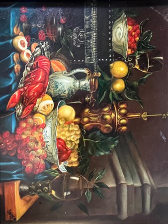 Bayer, Natura morta con aragosta, brocca in ceramica e frutta in stile olandese del XVII secolo, olio su tavola 40x30
