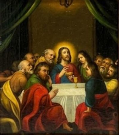 Dipinto sacro Ultima Cena olio su lastra 17x14,5 cm cornice dorata antica, cm 17x14,5 cornice 28x26