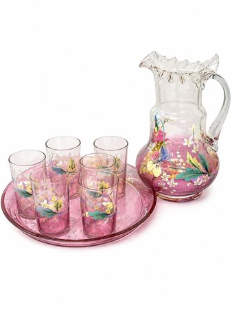 Set da bevande vintage di otto pezzi in vetro color ametista e trasparente con decorazioni floreali smaltate