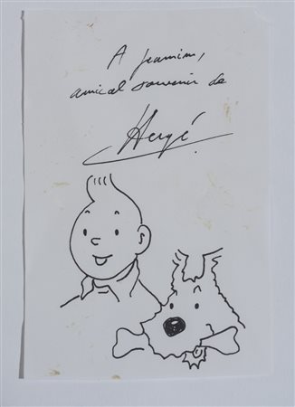 Hergé (1907 - 1983) Tintin e Milou - Firmato e dedicato. china su carta 10,5...