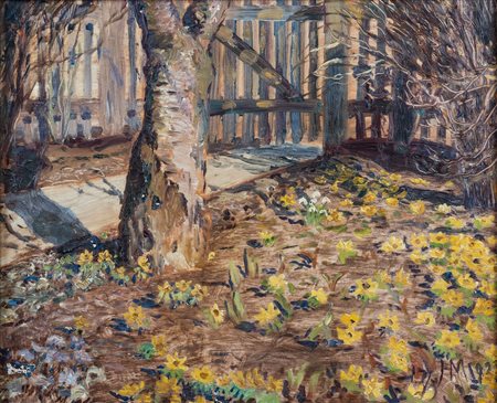 Harald Moltke (1871 - 1960) Giardino con staccionata 1923 - Opera siglata e...
