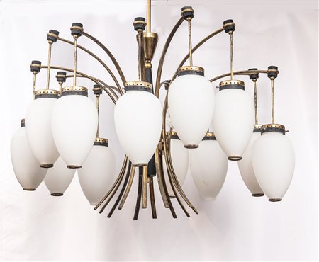 STILNOVO - Lampada da sospensione 1950 ca. A 12 bracci, diffusori in vetro...
