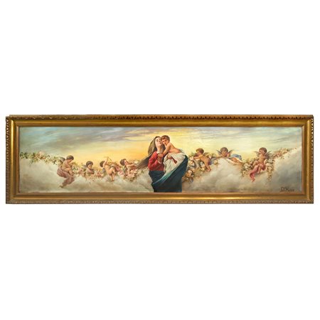 Domenico  Russo (Nicotera 1831 - Nicotera 1907)  - Sopraporta raffigurante la Vergine col Bambino tra putti e fiori, 19° secolo