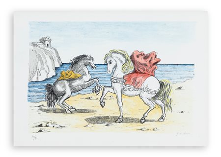 GIORGIO DE CHIRICO (1888-1978) - Cavalli sulla spiaggia (Cavalli di Perseo), 1974