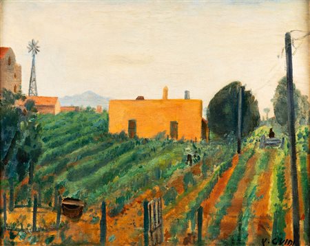 Virgilio Guidi 1892 Roma-1984 Venezia Campagna romana olio su tavola Largh....