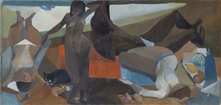 Karl Plattner 1919 Malles Venosta (BZ)-1986 Milano Figure in spiaggia olio su...