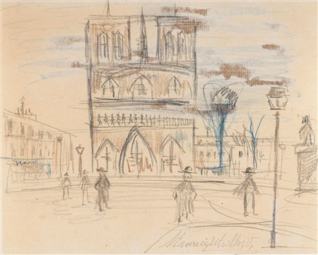 Maurice Utrillo 1883 Parigi-1955 Dax (FR) Notre Dame de Paris matite colorate...