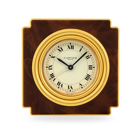 Cartier, Orologio da tavolo con funzione di sveglia in ottone dorato e...