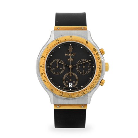 HUBLOT, MDM Chronograph ref. 1620.2 in acciaio e oro giallo, quadrante nero...