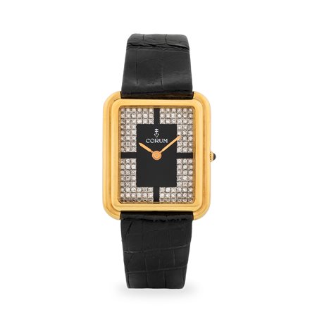 Corum, Elegante Tank ref. 27218 in oro giallo 18k, quadrante nero con pavè di...