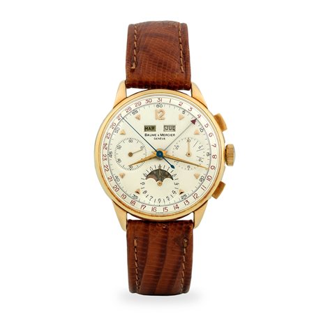 Baume & Mercier, Elegante cronografo ref. 3925 in oro giallo 18k tasti...