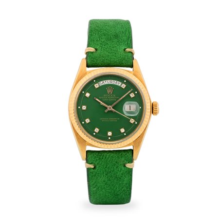 Rolex, Day-Date ref. 1803 in oro giallo 18k, quadrante verde con indici con...