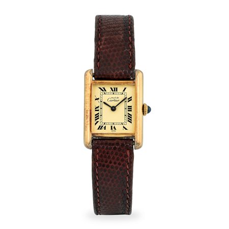 Cartier, Tank Vermeil in argento laminato, quadrante champagne con numeri...