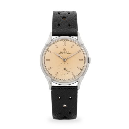 Rolex, Solo tempo ref. 4498 in acciaio con anse Cornes de Vache, quadrante...