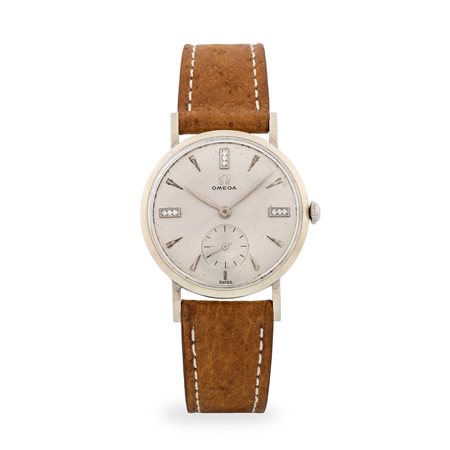 Omega, Solo tempo ref. N 6555 in oro bianco 18k, quadrante argentè con indici...