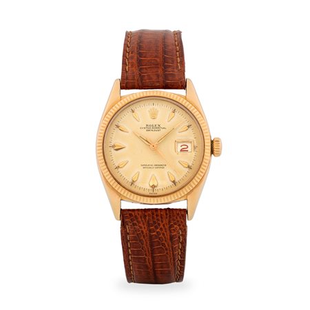 Rolex, Datejust ref. 6605 in oro giallo 18k, quadrante champagne con indici a...
