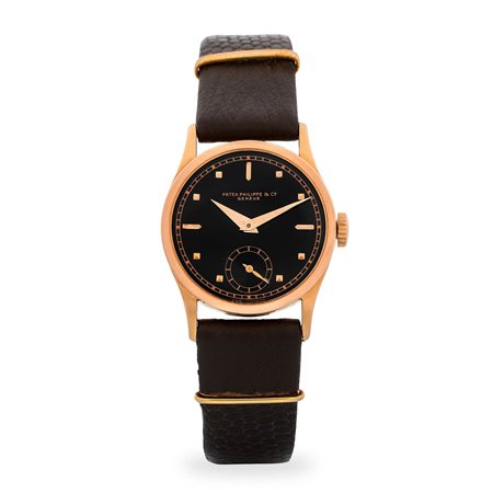 Patek Philippe, Raro Calatrava ref. 96 in oro rosa 18k, quadrante nero lucido...