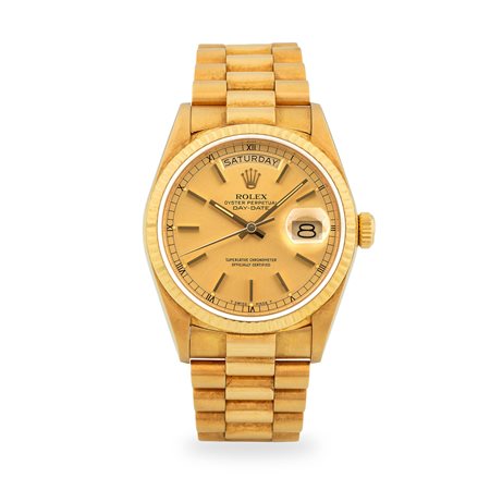 Rolex, Day-Date President ref. 18038 in oro giallo 18k, quadrante champagne e...