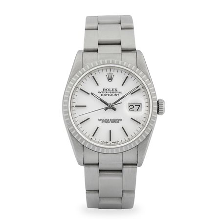 Rolex, Datejust ref. 16220 in acciaio ghiera godronata, quadrante bianco con...