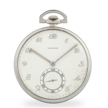 Longines, Orologio da tasca in oro bianco 18k, quadrante argentè con numeri...