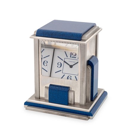 Cartier, Prism Clock in metallo argentato e lapislazzuli, quadrante...