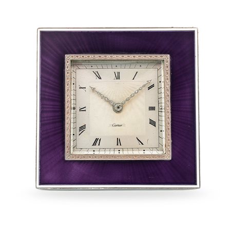 Cartier, Raro orologio da tavolo Belle Epoque in argento e smalto viola...