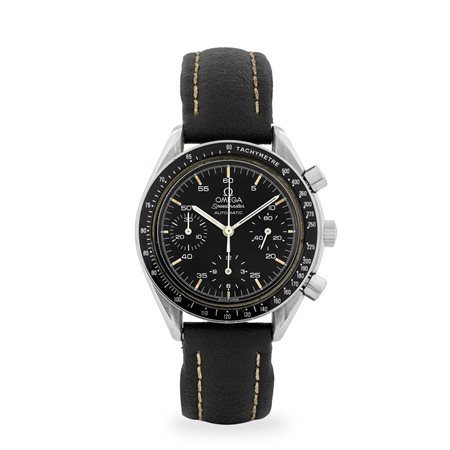 Omega, Speedmaster Reduced in acciaio con tasti a pompa, quadrante nero con...