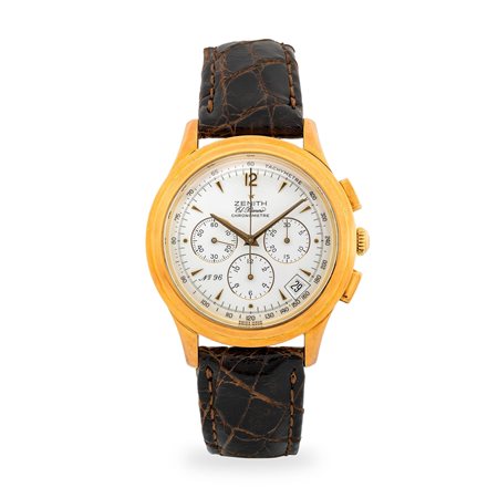 Zenith, El Primero in oro giallo 18k con tasti rettangolari, quadrante bianco...