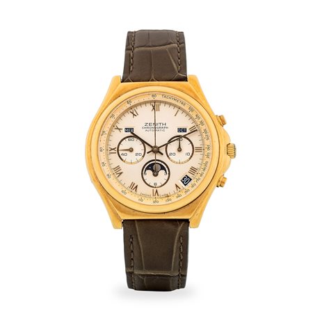 Zenith, El Primero Chronomaster in oro giallo 18k, quadrante argentè con...