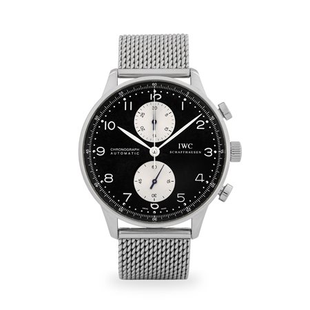 IWC, Cronografo Portoghese ref. 3714 in acciaio con tasti a pompa e bracciale...