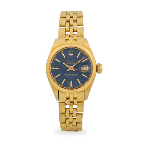 Rolex, Lady Datejust ref. 6916 in oro giallo 18k, quadrante blu con indici...