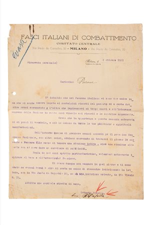 Umberto Pasella - Lettera dattiloscritta con firma autografa, 1921