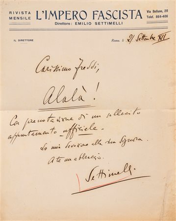 Emilio Settimelli (Firenze 1891 - Lipari 1954)  - Lettera autografa firmata, 1934