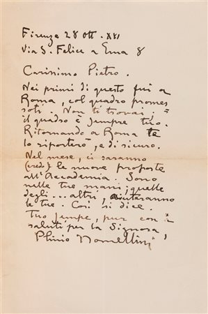 Plinio Nomellini (Livorno 1866 - Firenze 1943)  - Lettera autografa firmata, 1937