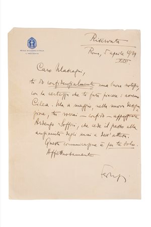 Luigi Federzoni - Lettera con firma autografa, 1939